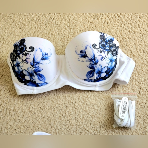 Womens 2 Pc High Waist Bikini White Blue Black Floral Removable Straps SM/XS - Picture 5 of 6